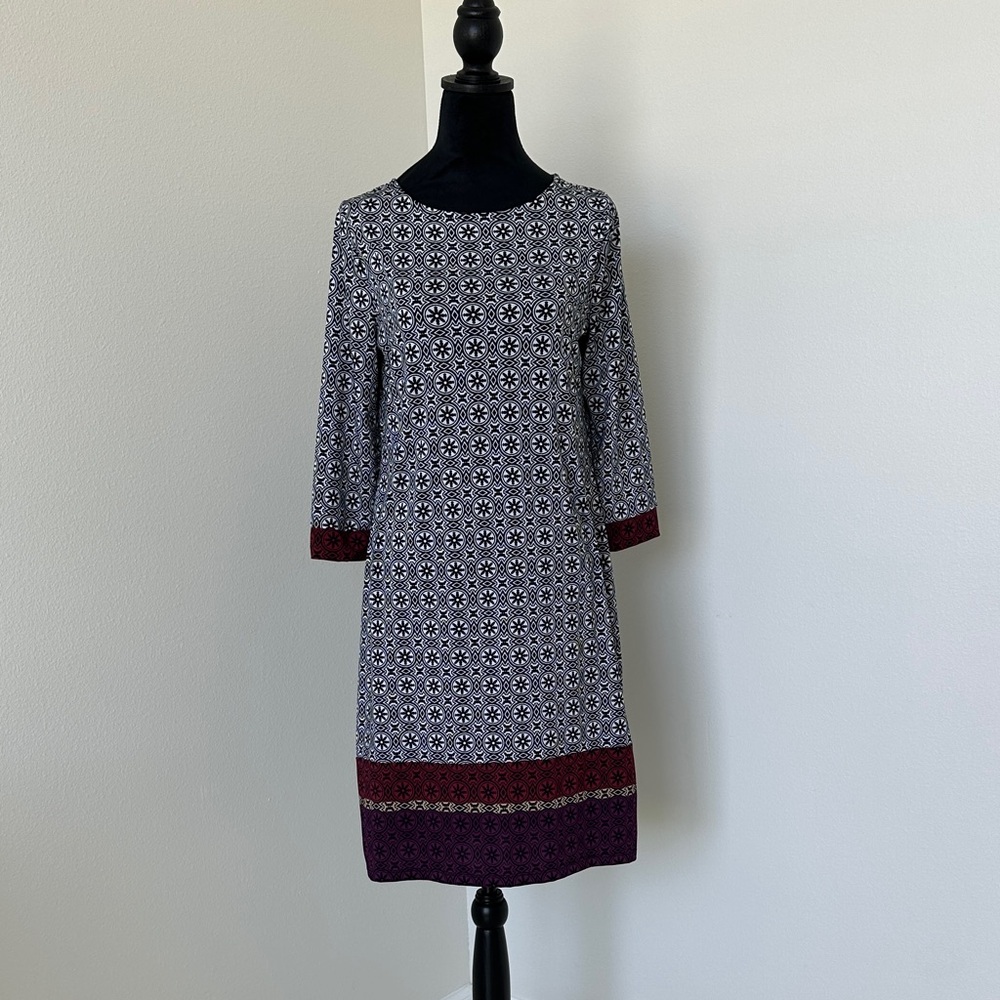 George Long Sleeve Dress with Burgundy and Black Pattern